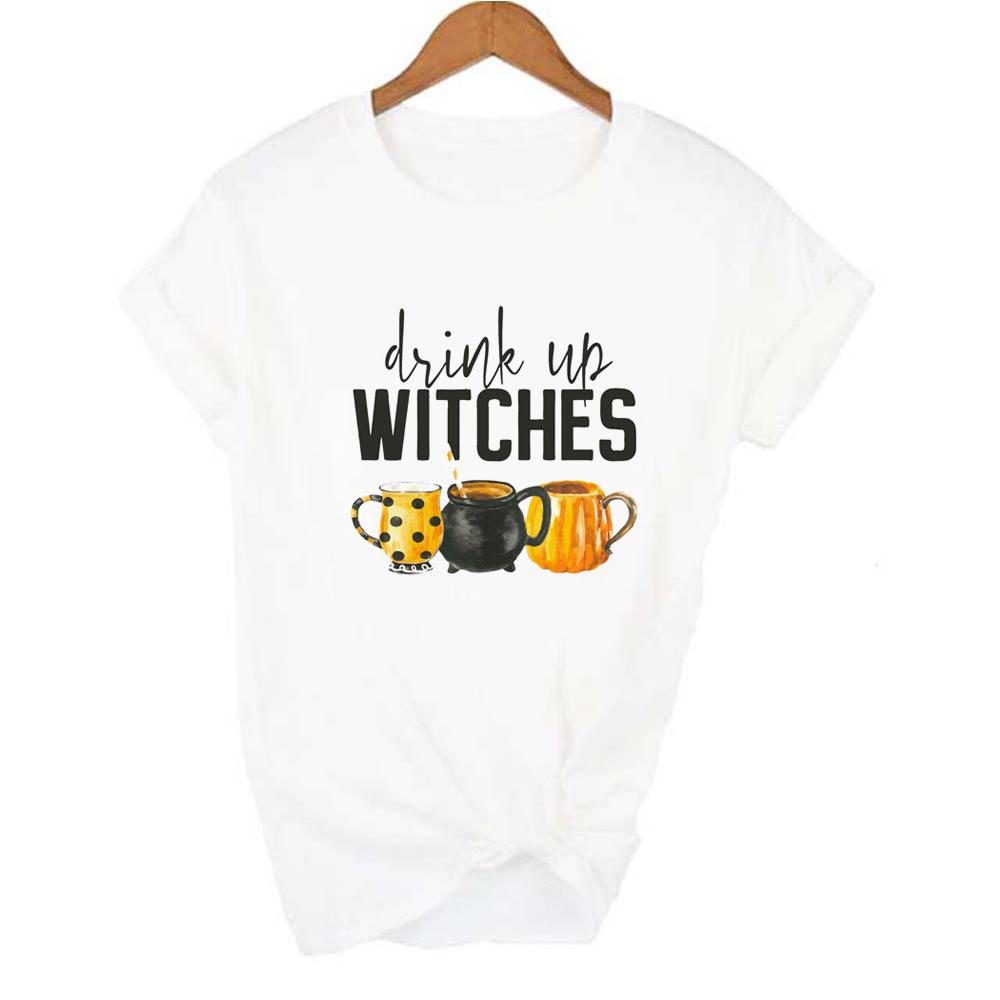 Drink Up Witches Pumpkin Cup Print Women T Shirts Halloween Grunge Harajuku Graphic T Shirt S