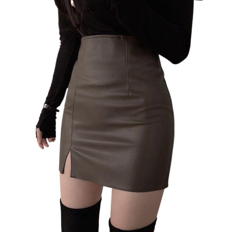 Black Split Small Leather Skirt Half Skirt Slim Fit High Waist Wrap Hip One Step Skirt PU Leather Short Skirt for Women In Autumn and Winter