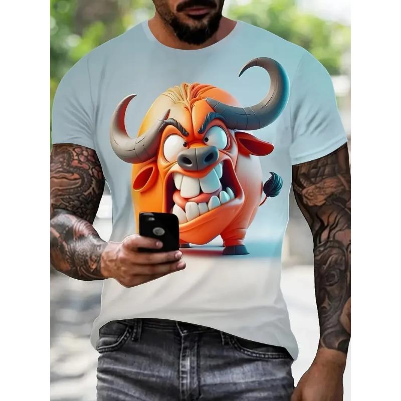 Summer Round Neck 3D Funny Bull Graphic Print Top Fashionable Casual Short Sleeved Men's T-shirts
