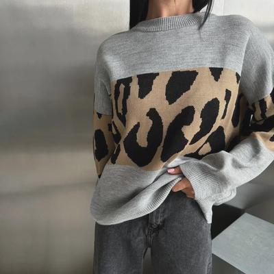 Europäischer und amerikanischer Pullover mit Leopardenmuster und Kontrastmuster – lässiger, locker sitzender Pullover mit Rundhalsausschnitt für Damen – perfekt für Herbst und Winter.