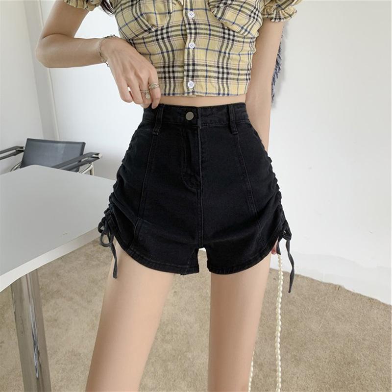 

Классические и минималистичные модные универсальные женские шорты с высокой талией, эластичные, обтягивающие, тонкие, сексуальные, с широкими штанинами, на шнурке, индивидуальность и модность M чёрный