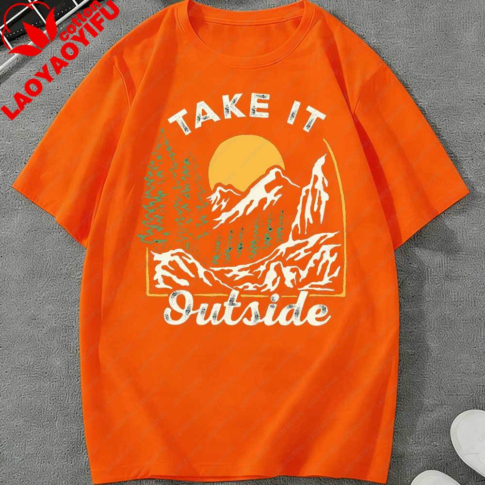 Retro Take It Outside Mountain Sunset TShirt Vintage Outdoor Graphic Cotton Casual Tops Perfect Gift for Hiking Camping Lovers