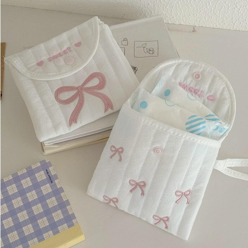 Korean-Style Embroidered Clutch Sweet Bowknot Embroidery Cosmetic Bag Sanitary Pad Pouch Women