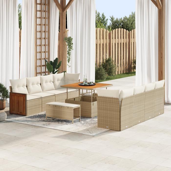 VidaXL Ensemble de Sofa de Jardin 11 Pièces avec Coussins Beige Poly Rattan Acacia 3365236
