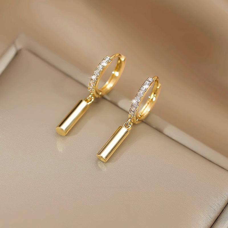 Cubed zirconia Huggie earrings with vertical bar hanging earrings, minimalist geometric earrings