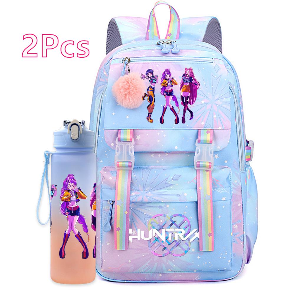 2Pcs/set New Anime Kpop Printed Backpack with 750Ml Water Bottler Large Capacity Travel Bag for Teenager Girl Boy Bookbag Kid Gift Large Capacity Bag
