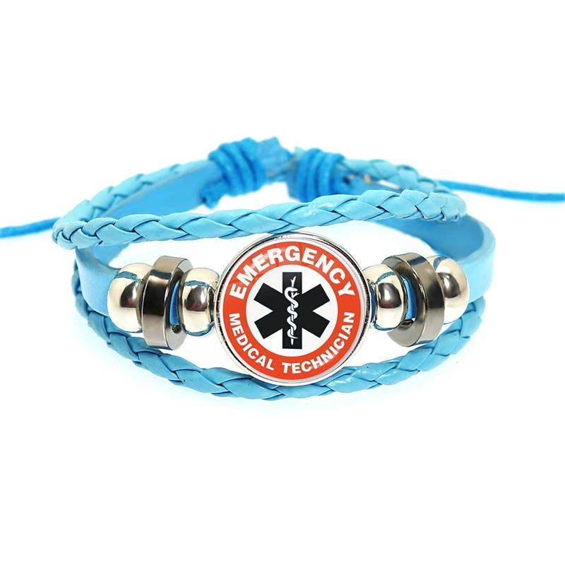 Emergency Medical Technician Paramedic Symbol Logo Black Button Leather Bracelet Glass Dome Blue Star of Life Logo Jewelry