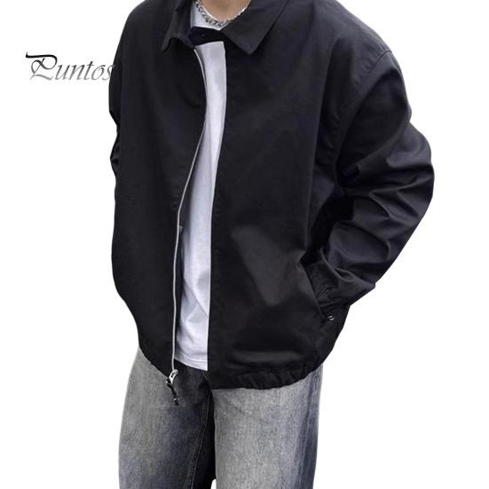 Men Coat Lapel Collar Long Sleeve Solid Color Jacket with Pockets Loose Fit Street Style Casual Outerwear