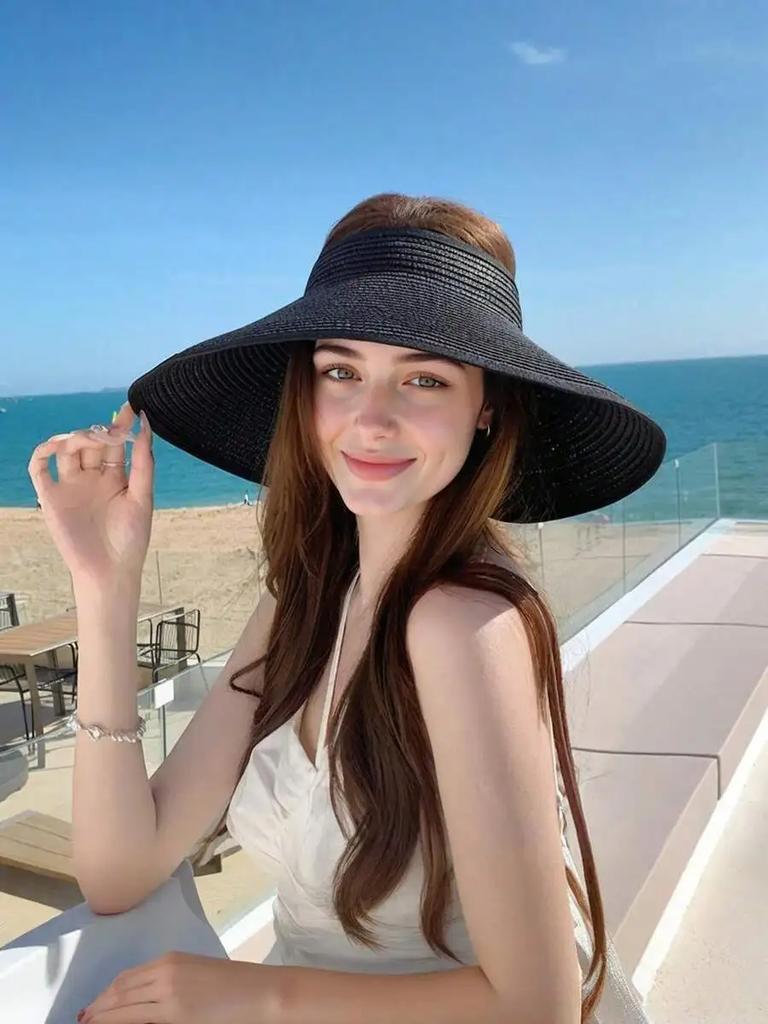 Women's Beige Bohemian Elegant Straw Sun Hat - Foldable Summer Beach Hat With Bow Decor, UV Protection, Adjustable Size,