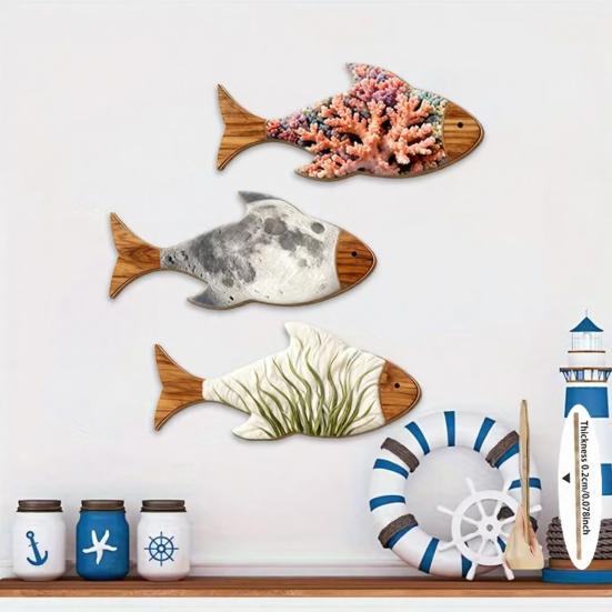 3Pcs Wooden Fish Wall Decoration, Coral Moon Seaweed Fish Hanging Ornament, Nautical Coastal Ocean Theme Wall Art for Bathroom, Living Room