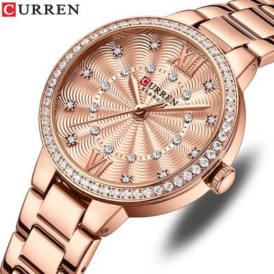Quartz Wristwatches for Wommen Luxury Rhinestones Rose Dial Fashion Watches with Stainless Steel Band New
