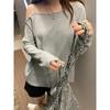 Korean Early Autumn Niche Irregular Off-shoulder Slanted Collar Top T-shirt Women's Collarbone-exposing Bottoming Shirt Stunning Gray Long Sleeves