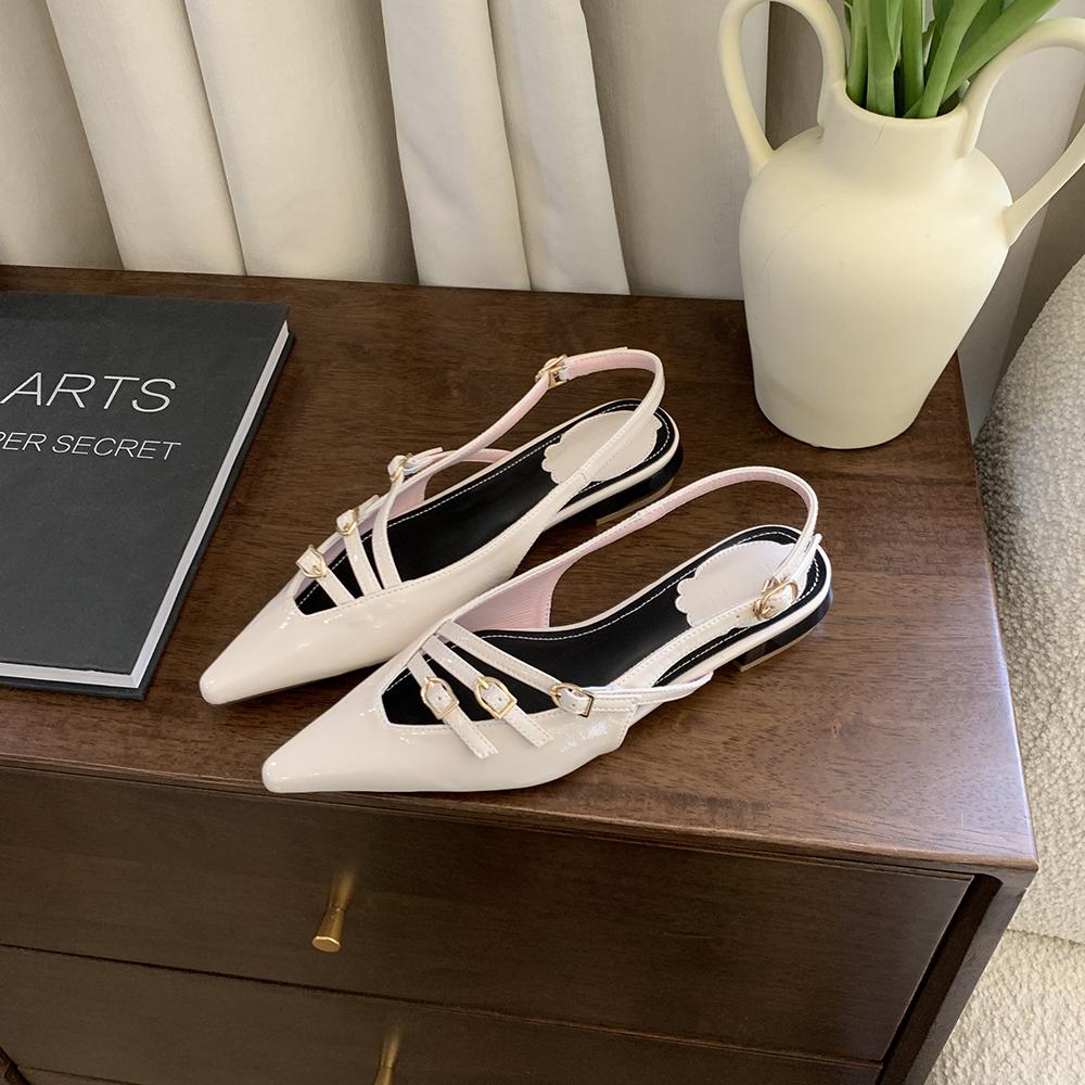 fashion Pointed Toe Women Sandals Narrow Band Low Flat Heeled Pink Black White Back Belt Buckle Summer Sandals Mules Shoes Woman Size 39