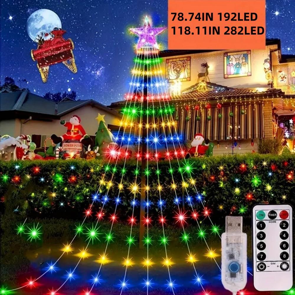 Christmas Star Waterfall Lights USB Leather Cord Flowing Lights Tree-Hanging Lights Outdoor Courtyard Holiday Decoration Colored Lights