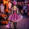 Häxdräktsset för flickor Halloween Utklädning Nät Tüll Prinsessklänning med Häxhatt Handskar och Kvast för Festivaluppträdande
