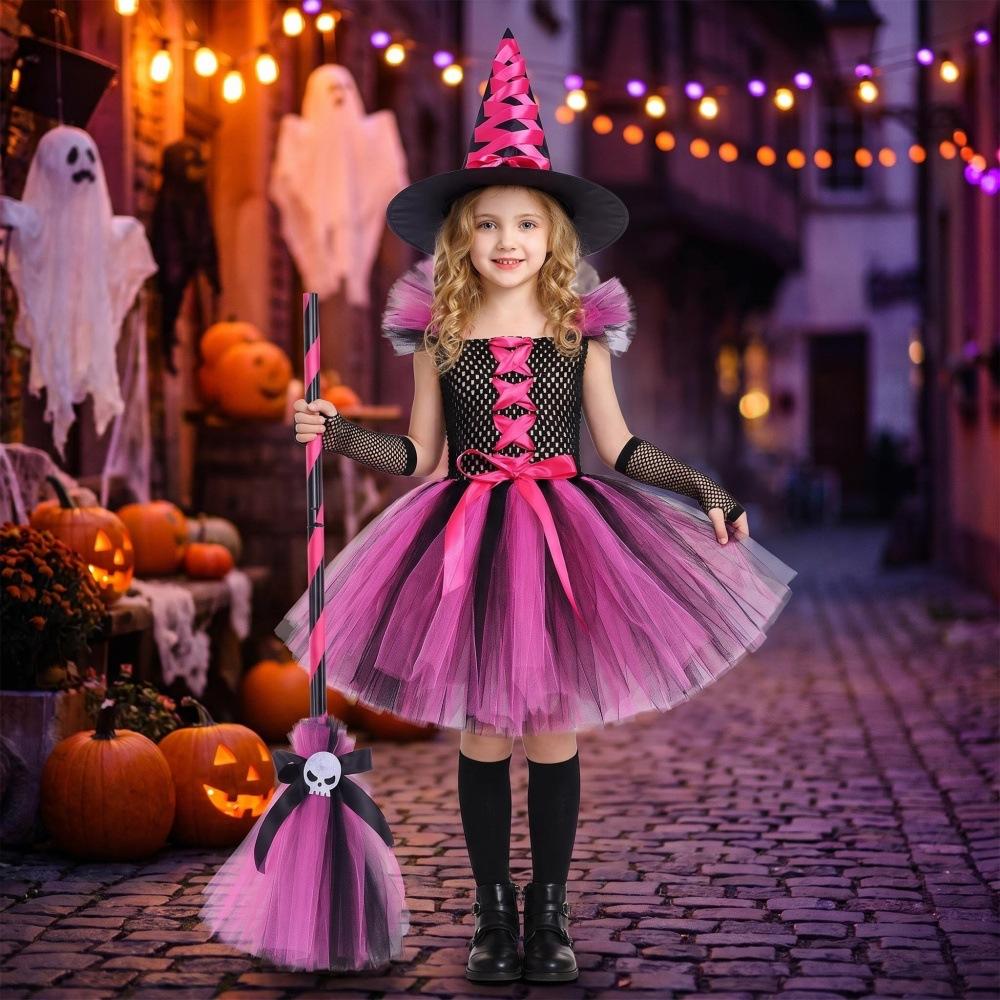 Häxdräktsset för flickor Halloween Utklädning Nät Tüll Prinsessklänning med Häxhatt Handskar och Kvast för Festivaluppträdande