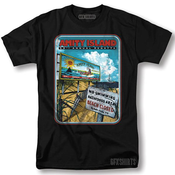 

Amity Island JAWS Shirt Shark Movie Classic Retro Vintage Graphic Design T-Shirt M