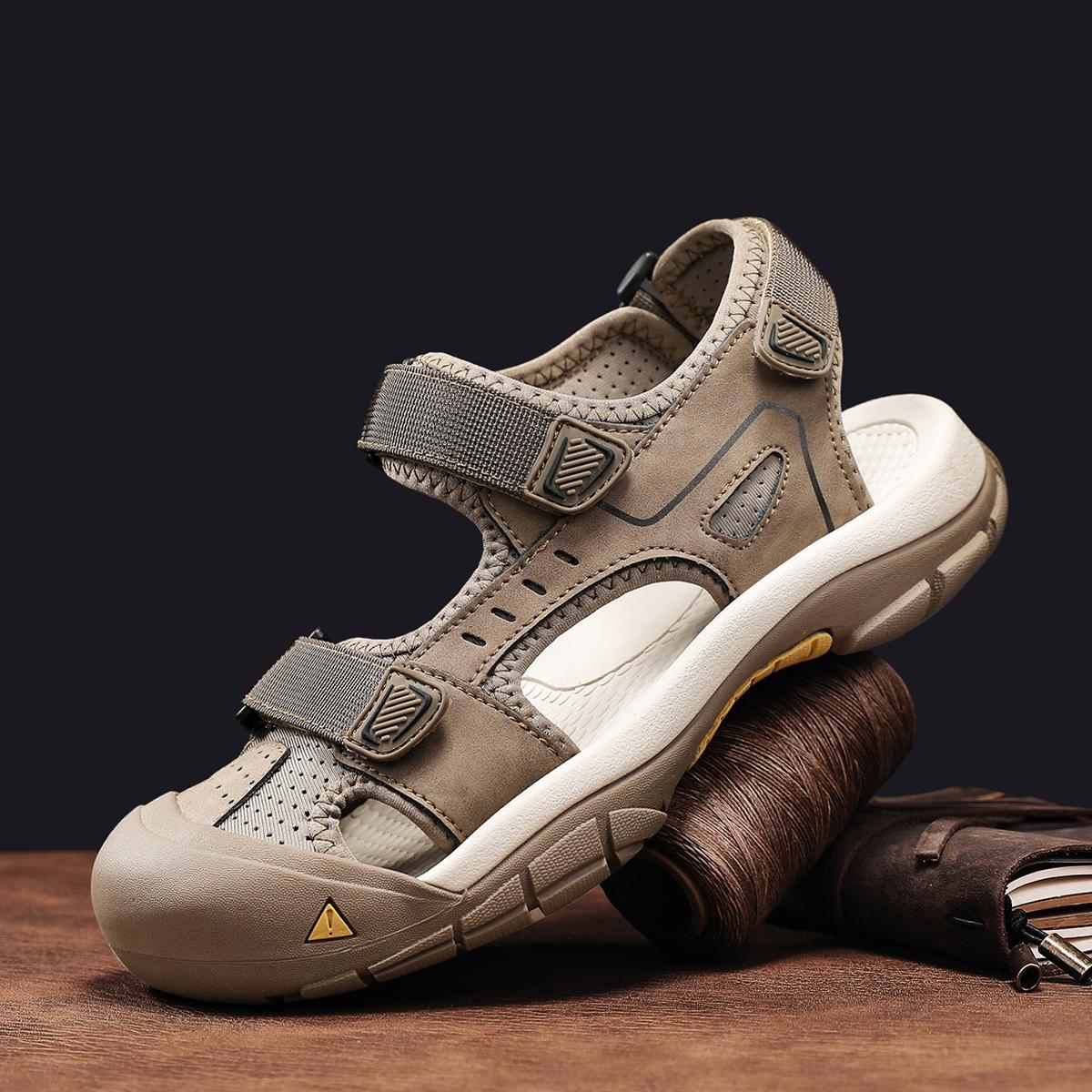 

Летние мужские сандалии из натуральной кожи, полые пляжные сандалии, повседневная обувь 46 хаки