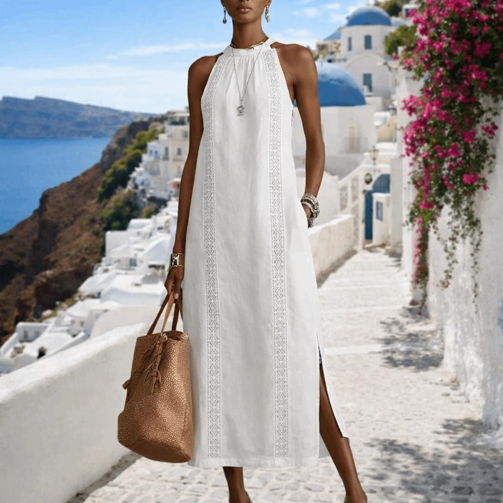 Neck Hanging Lace Splicing Dress Hollow Out Women's Summer Dress Sleeveless Dress  Beach Wear