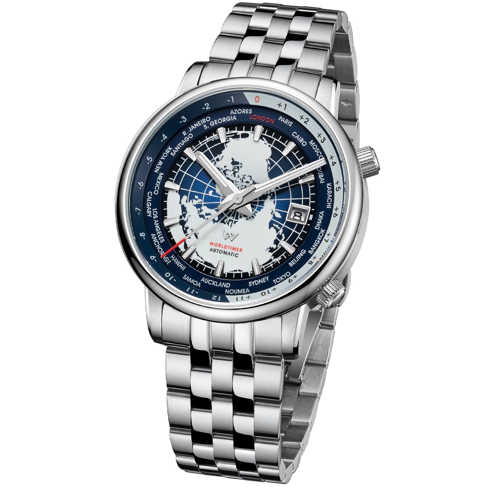 

Men s Watch with World Time Function, 100M Water Resistance, Simple, Stylish, Popular, and Formal - WM057 - Silver Blue