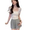 Korean Temperament Square Collar Pleated Design Short-sleeved T-shirt Women's Summer New Slim-fit Niche Short Top