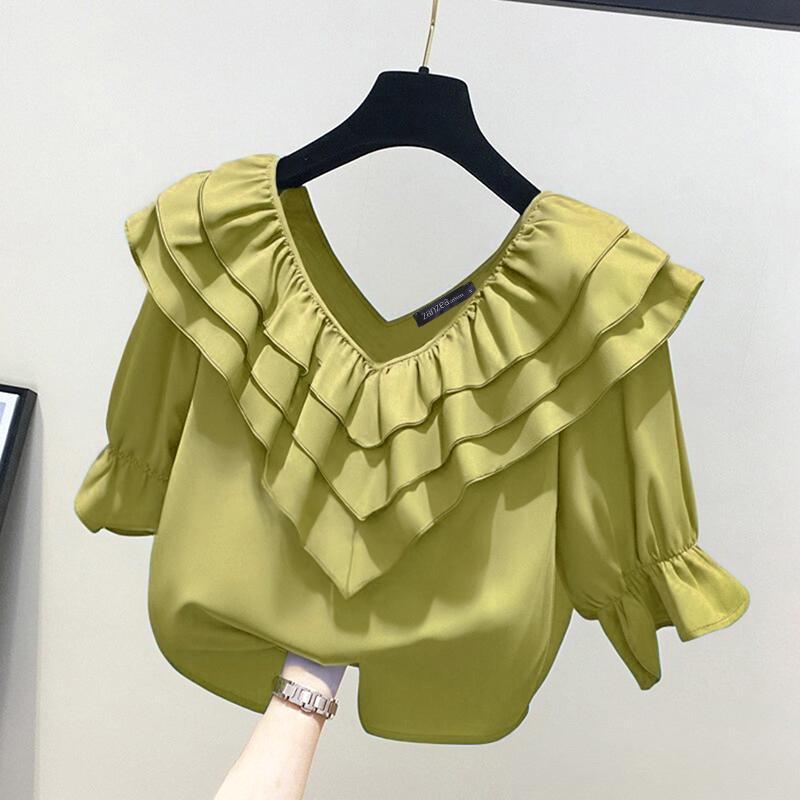 

ZANZEA Женская повседневная блузка с V-образным вырезом и рукавами 3/4 с оборками 5XL зелёный