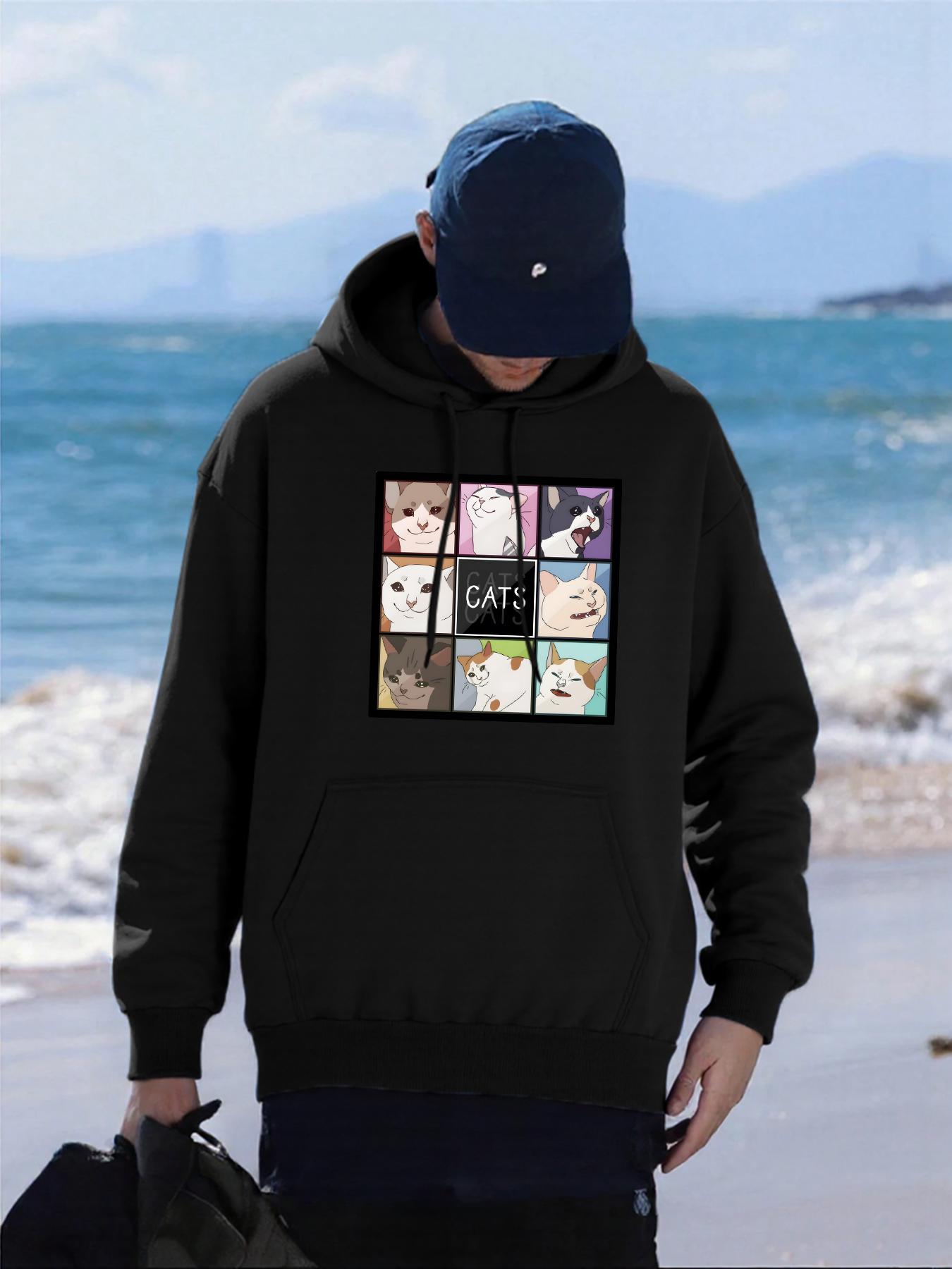

Cartoon Cat Nine Palace Grid Print Men Hoody Pocket Fleece Hoodie Autumn Multicolor Sportswear Oversized Hip Hop Male Pullover 2XL