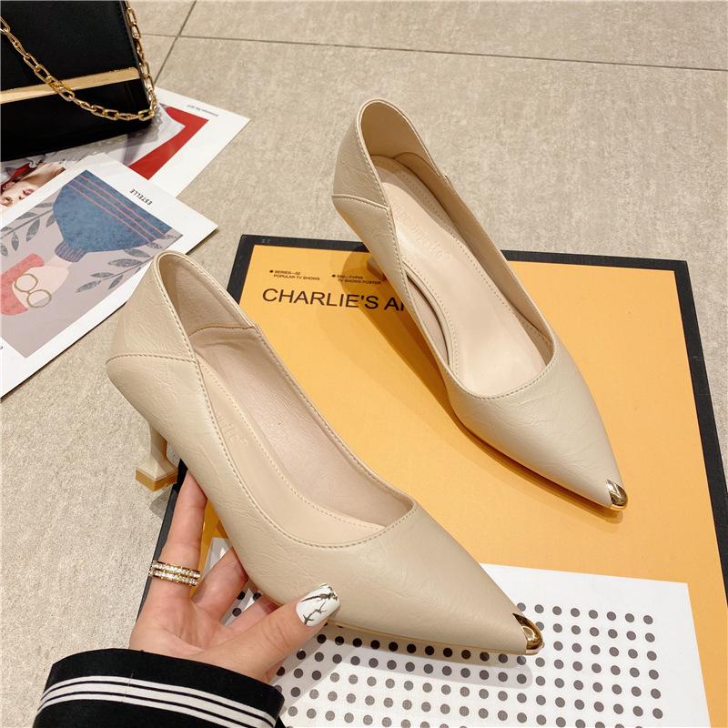 2025 New Single Shoes Women's Black Light Mouth High Heels Korean Version Pointed Thin Heels Professional Uniform Work Shoes 5A