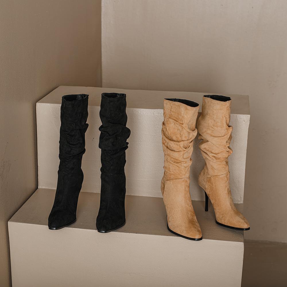 Apricot Black Women Mid Calf Boots High Stiletto Heel Big Size 48