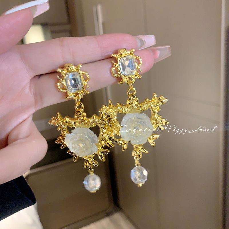 

Vintage Jelly Glass Rose Heart Tassel Silver Earrings for Women