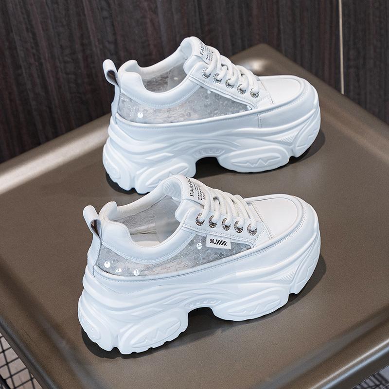 

Женская обувь со стелькой, увеличивающей рост, весенне-летняя новая обувь для папы, универсальная дышащая спортивная белая обувь со стразами на толстой подошве