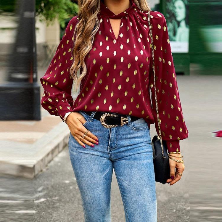 Women's Loose Hollow Out Blouse Long Sleeve O Neck Top Autumn Winter Printed Commuter Casual Tops