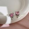 Pink Zircon Heart Bow Earrings for Women with Silver for Everyday Wear