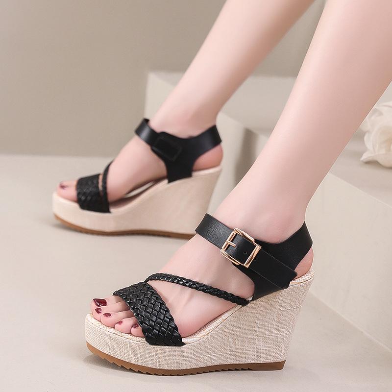 New Wedge Heel Women's Sandals Fashionable Platform Muffin Heel High Heel Straw Woven Daily Sandals