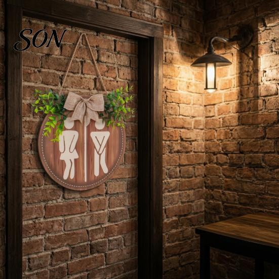 Bathroom Wall Plaque for Guests Wooden Restroom Sign, Men's And Women's Toilet Door Home Round Rustic Farmhouse Hanging Washroom Decor Decorative