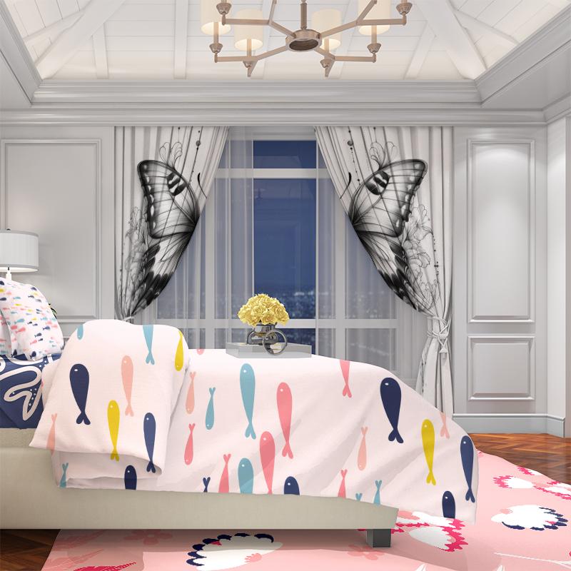 2Pcs- Sketched Butterfly - Printed Curtain -100% Polyester, Suitable for Bedroom Curtains and Living Room Decoration.