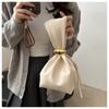 New Pleated Vintage Faux Leather Bucket Bag for Women Small Single Shoulder Wristlet Clutch