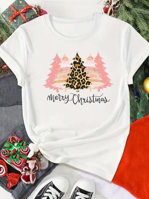 (Asian Size) Print Merry Christmas O-neck Women's Top New Year T Clothing Tree Sweet 90s  Short Sleeve T-shirts Fashion Holiday Graphic Tee