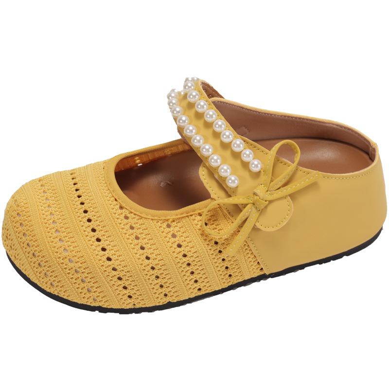 2025 New Summer Thick-soled Heightening Woven Bag Head Half Slippers Women Wear Versatile Mesh Bow Pearl Shoes