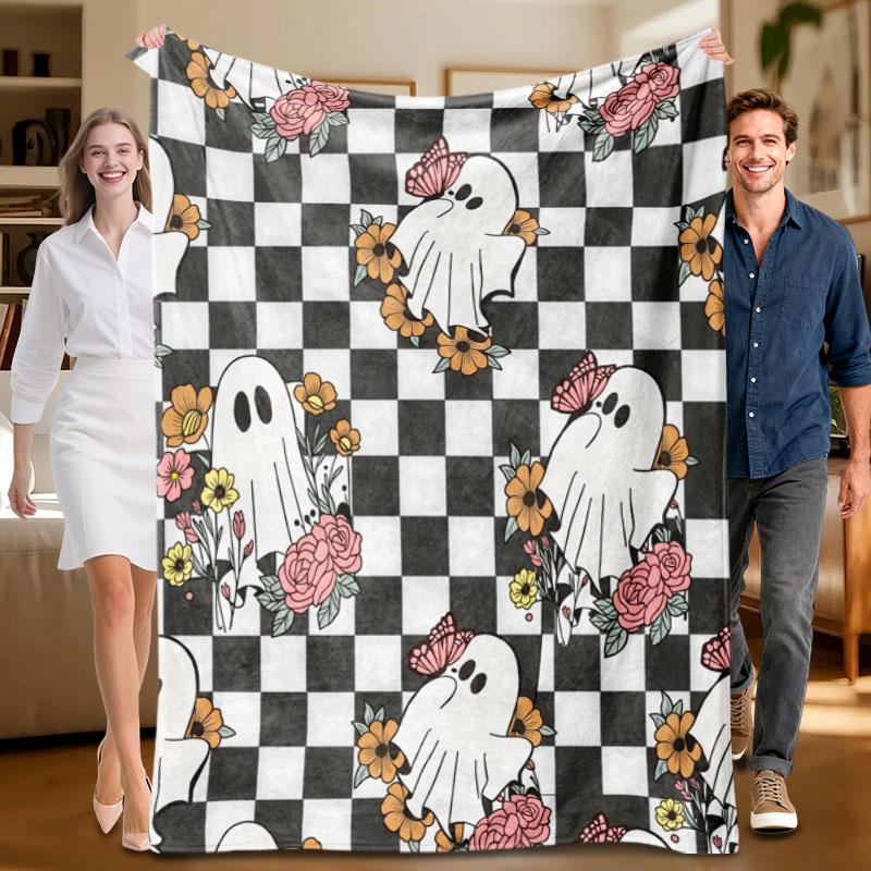 1 Piece Floral Ghost Checkered Flannel Blanket, Soft, Suitable for Sofa, Bed, Office, All-season Use. 70x100cm