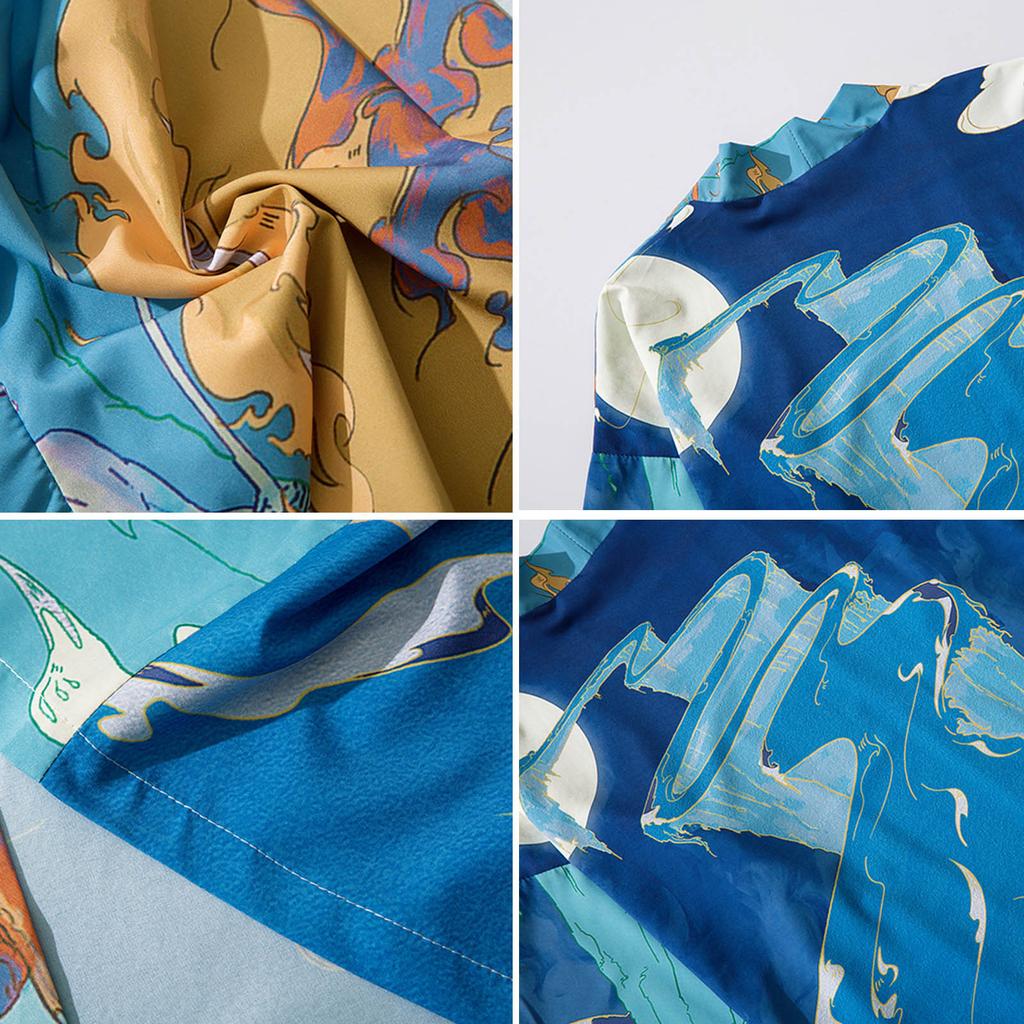 Men's Casual Loose Open Front 3/4 Sleeve Japanese Style Print Cover Up Cardigan