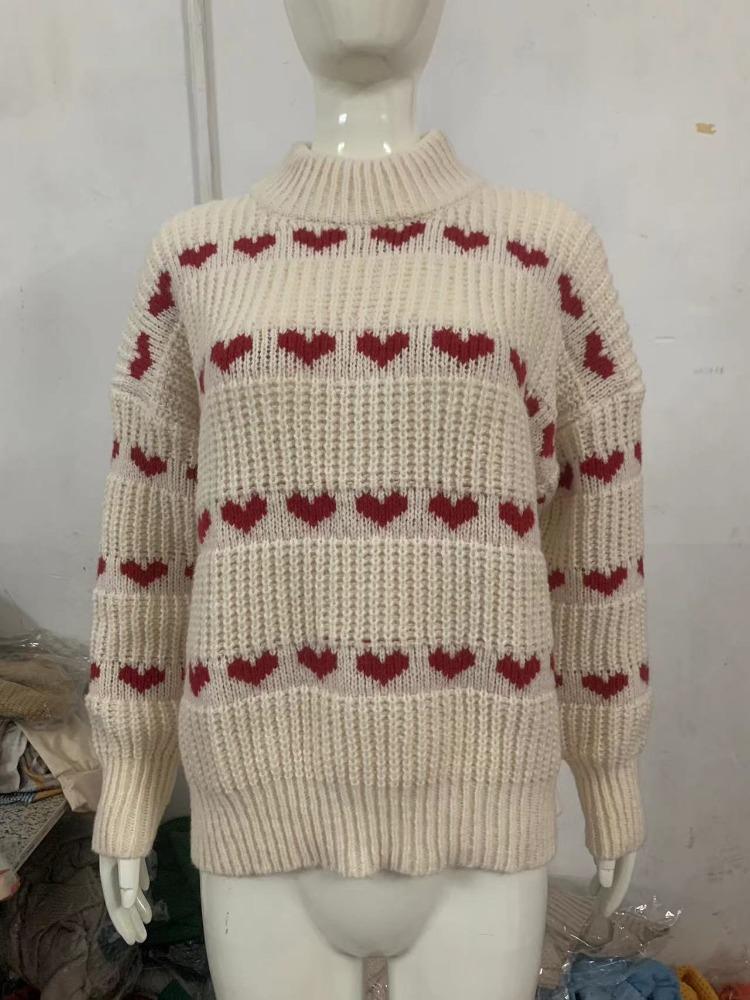 Spring Autumn Heart Jacquard Sweater Women's Loose Relaxed-fit Pullover Luxurious Soft Knit Slimming Versatile Casual Top