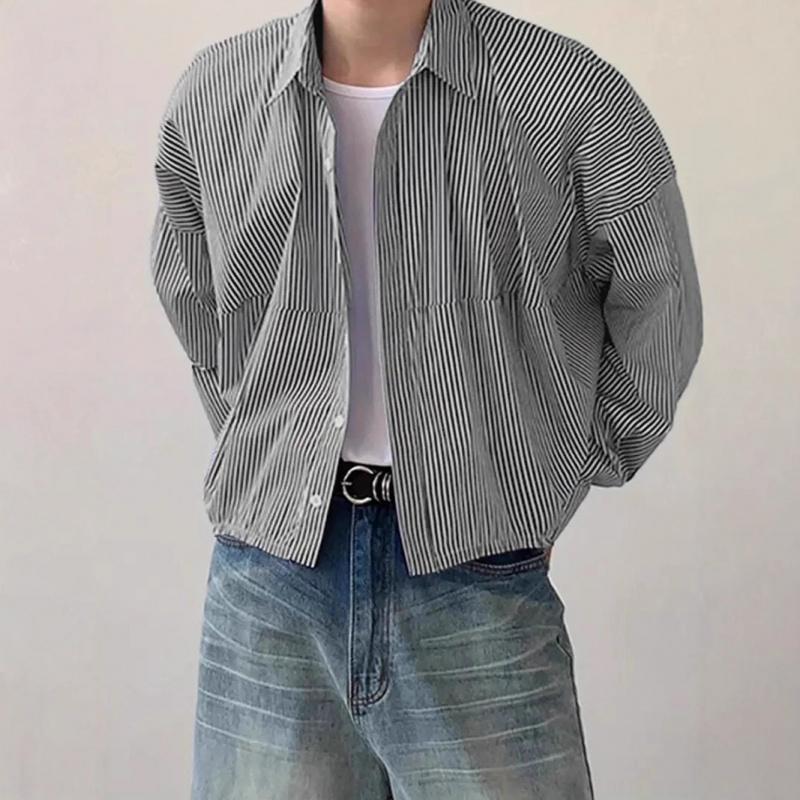 2026 New Men's Fashion Turn-down Collar Vertical Striped Loose Long Sleeve Shirt