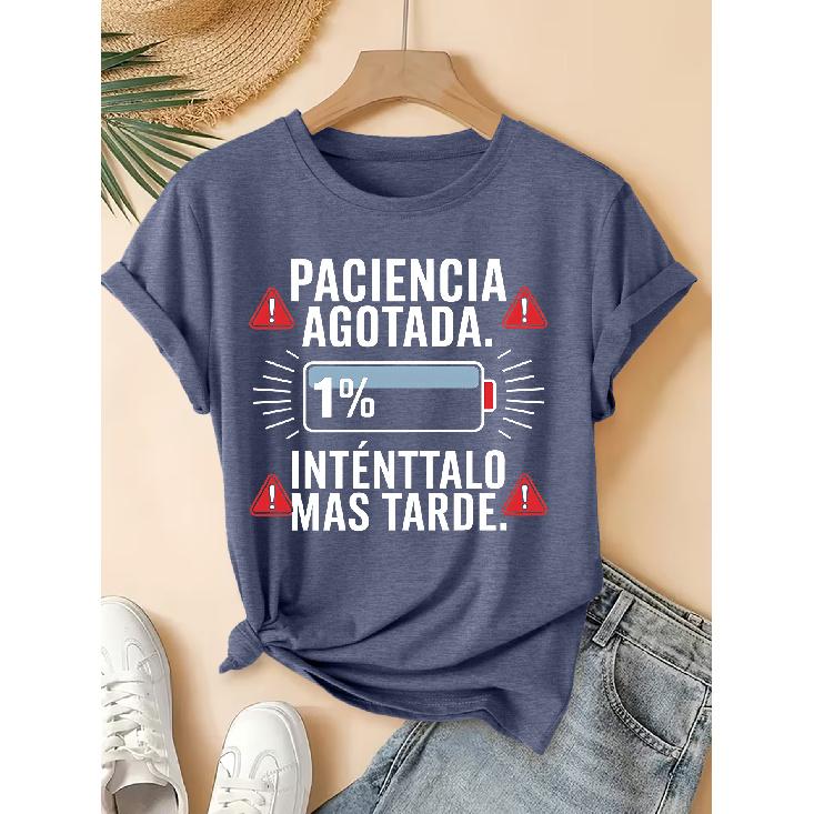 "Power" Spanish slogan printed pattern short-sleeve vintage distressed round neck T Fresh and natural style loose-fitting shirt 2026 Elegant spring