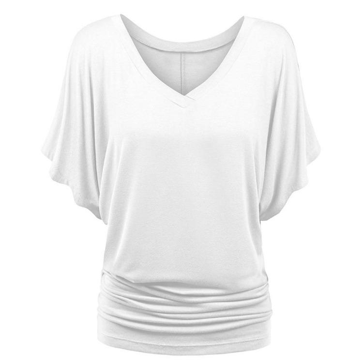 Plus Size Women Fashion Solid T Shirt Loose V Neck Batwing Sleeve Fold Hem
