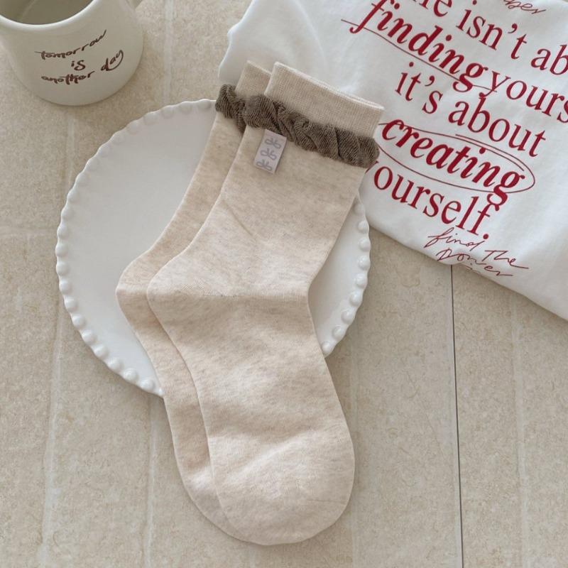 Sweet Style Fabric Label Small Floral Print Socks for Women, Versatile Mid-calf Socks, Pinkish-brown Series Pile Long Socks