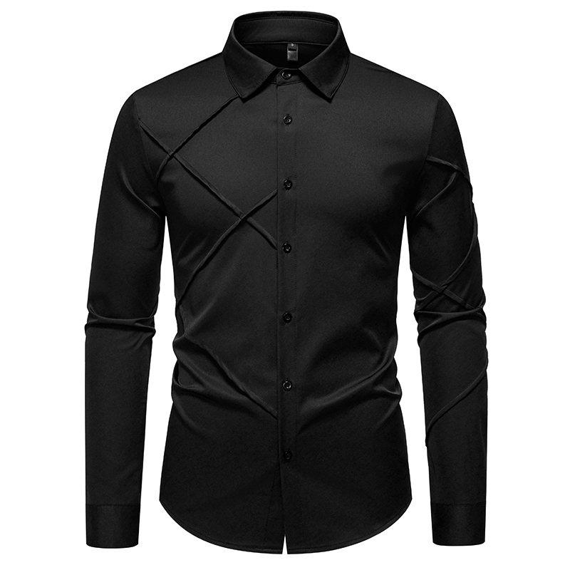

Autumn Men s New Fashion Pleated Design Long Sleeve Shirt Men Solid Shirts Male Versatile Casual Social Wedding Party Business US L чёрный