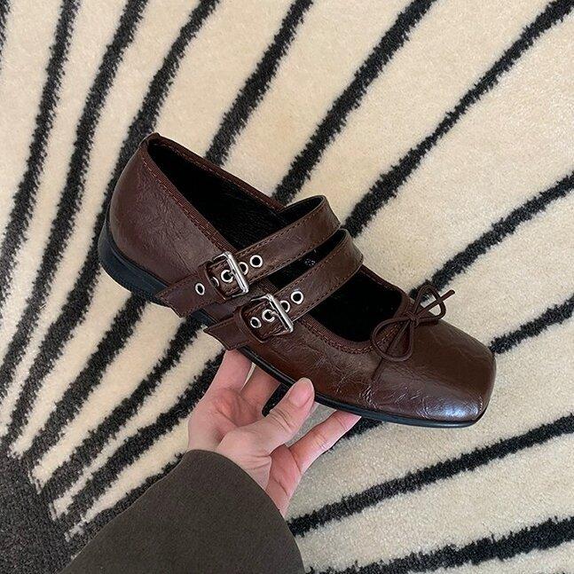 

Cowhide version~ Spring and Autumn bow square head one-word buckle Mary Jane small leather shoes women s flat single shoes shallow jk shoes 40 коричневый