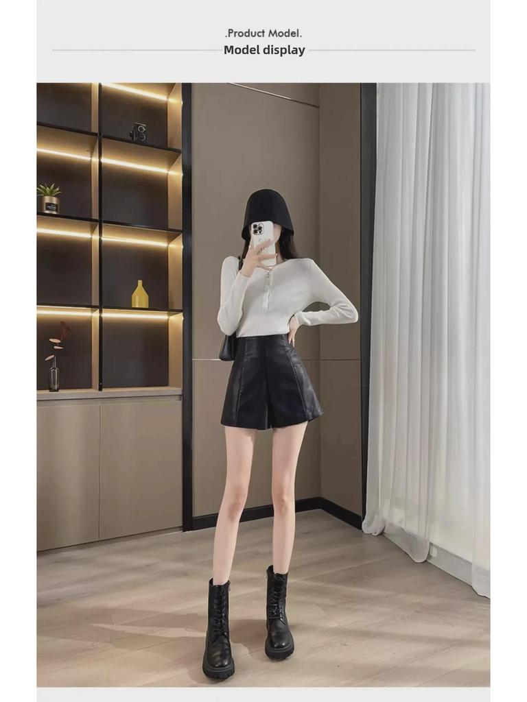 2024 Women's High-Waist PU Leather A-Line Wide-Leg Shorts for Autumn & Winter - Versatile Outdoor Wear