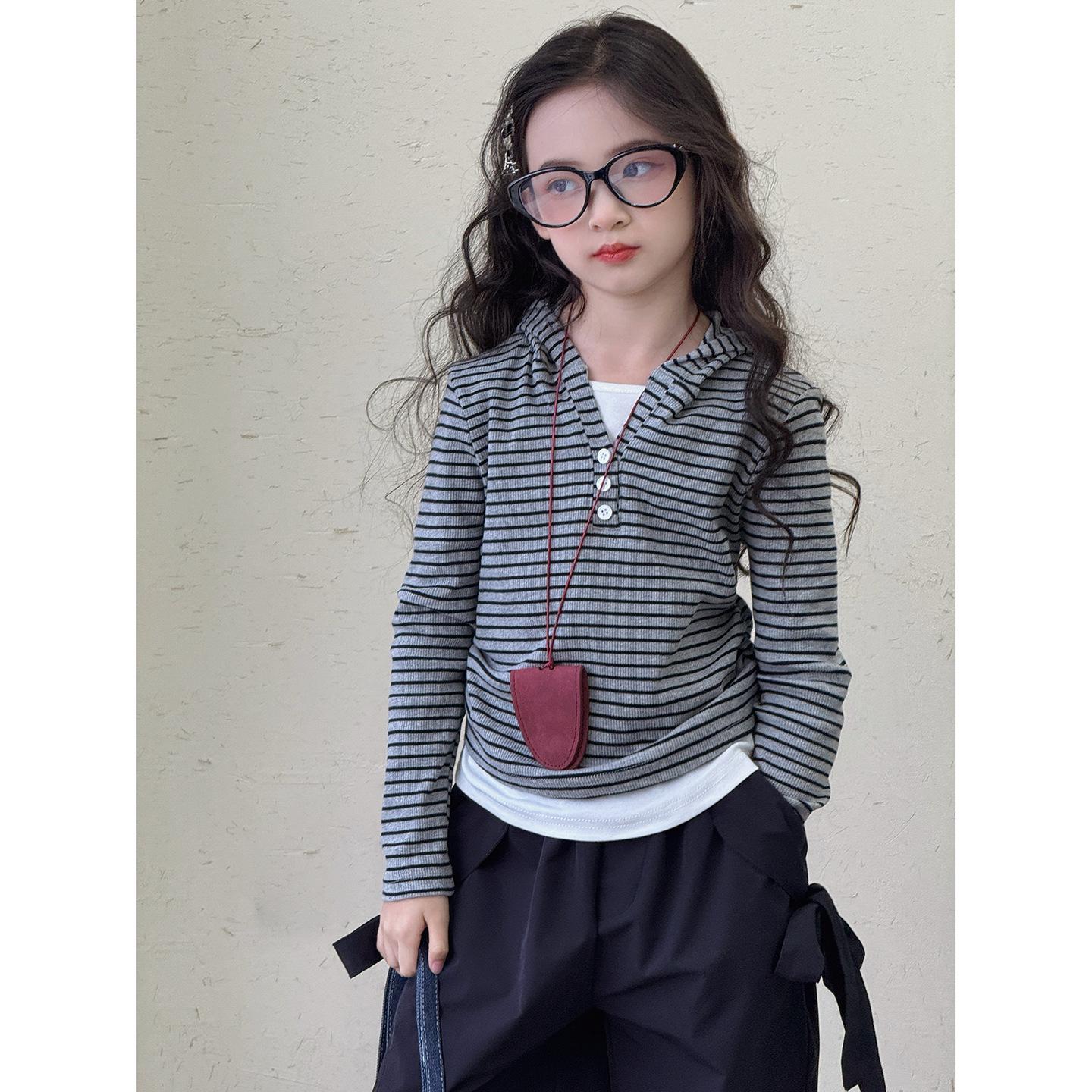 Girls  Striped Hooded Long-Sleeve T-Shirt - 2025 Autumn Korean Style Fake Two-Piece for Big Kids 130 - Height 120-130cm